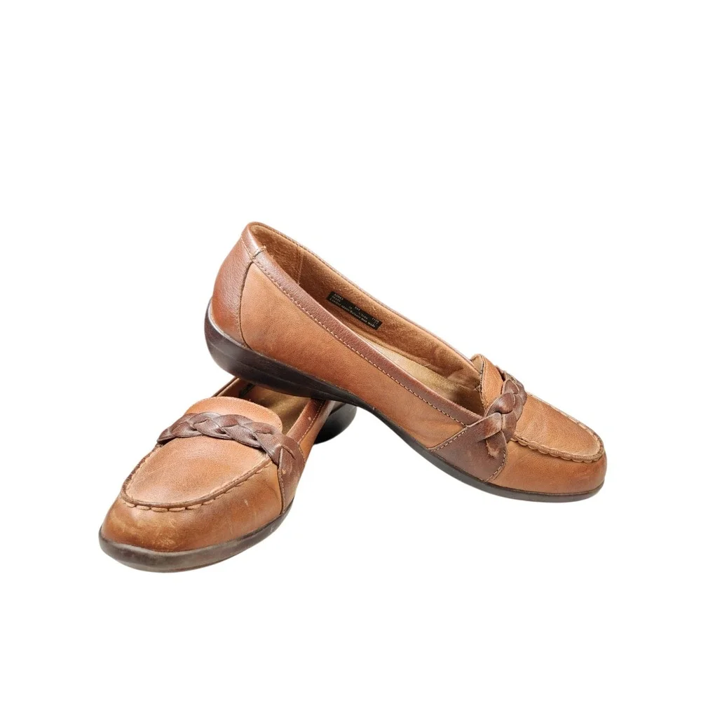 Vintage Clarks Brown Leather Braided Loafers Heritage Grandmacore Cottagecore 8
